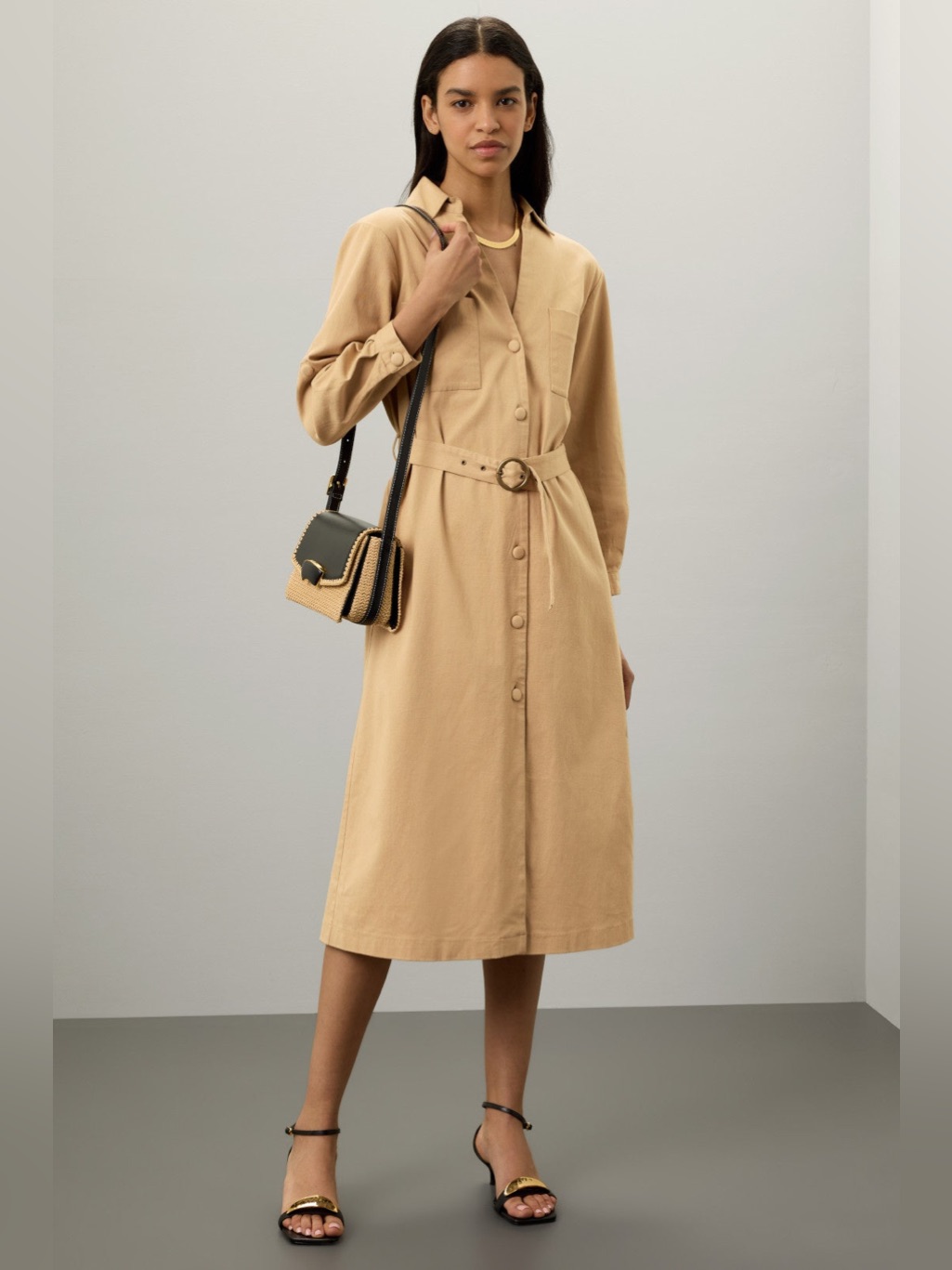Belted Shirt Dress In Camel